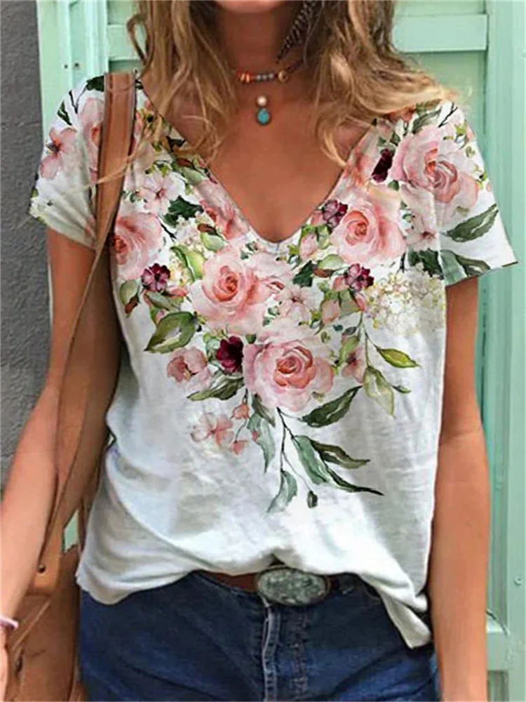 

Rose Flower Print Women T Shirt 2022 New Summer Casual Short Sleeve V-Neck Loose Oversized Tops Ladies Large Size Street Clothes