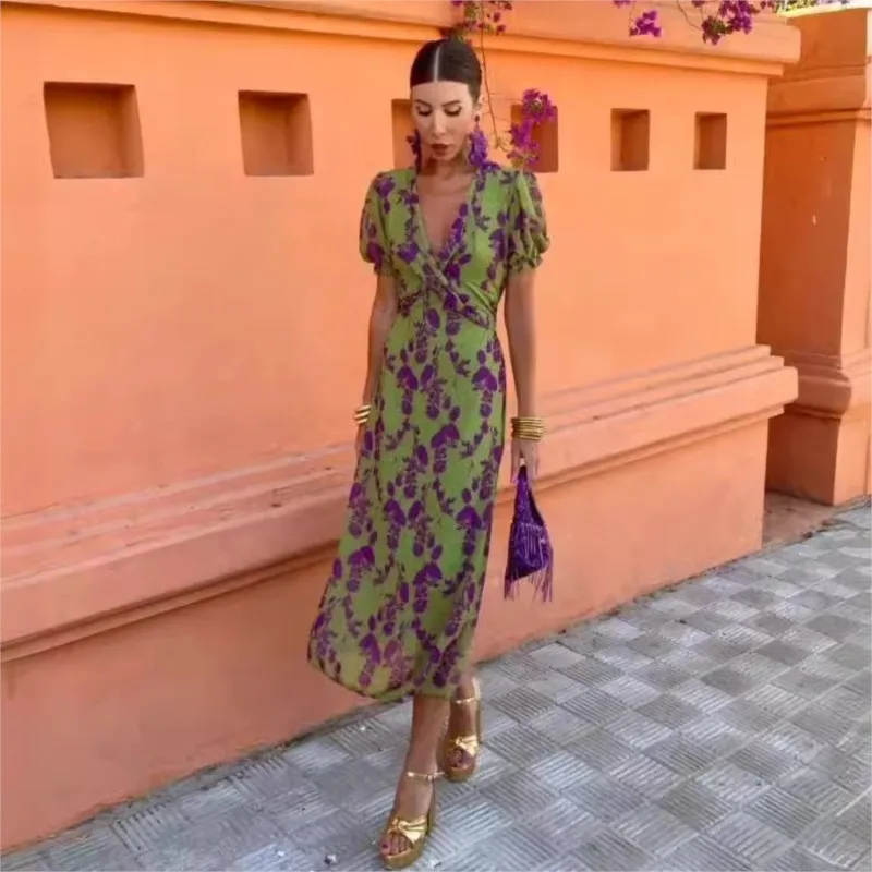 Лето 2024 женское платье миди со шнуровкой и принтом модное с v-образным вырезом