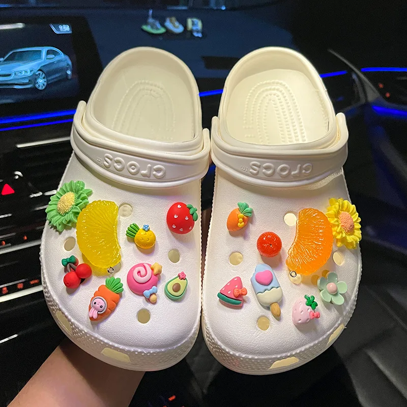 

Набор разноцветных украшений для обуви с пряжкой, Кроксы, подвески, фрукты, оранжевый, мороженое, цветок, аксессуары «сделай сам», комбинация для засоров, браслеты
