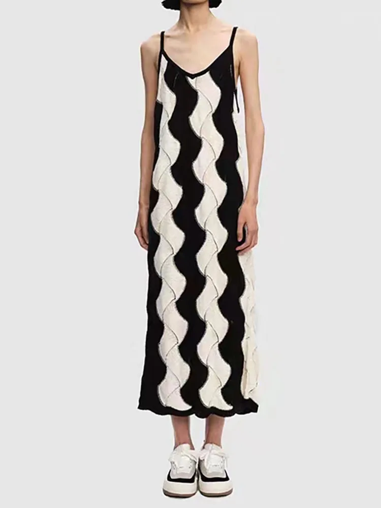 y2k summer black and white collision vertical wave pattern cotton sling long dresses2023 sleeveless slim thin knit Party dresses