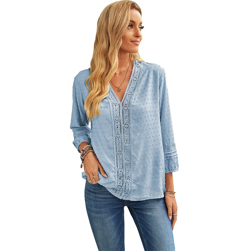 Женская шифоновая блузка в горошек однотонная кружевная жаккардовая Блузка с