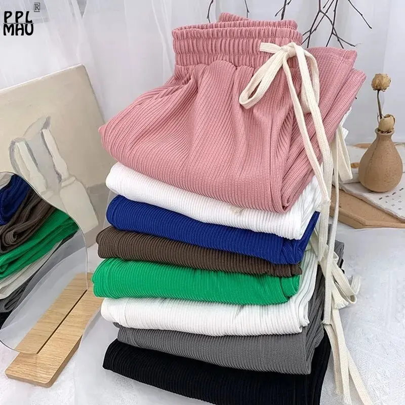 Korean Fashion No Pocket Sweatpants Women High Waist Drawstring Wide Leg Pants 2023 Thin Candy Colors Elastic Pantalones Mujer