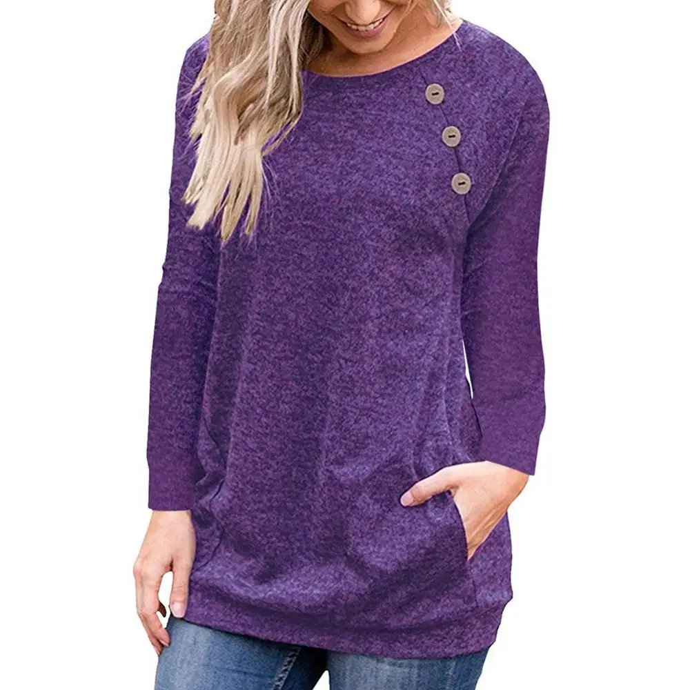 

Solid Color Long Sleeve Casual Knitwear Blouse Women Button Crew Neck Pullover Knitwear