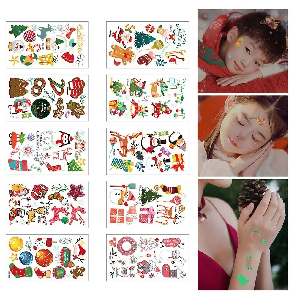 

2 набора, Мультяшные украшения вечерние, наклейки, временное боди-арт, Санта-Клаус, детские наклейки, рождественские Светящиеся Татуировки