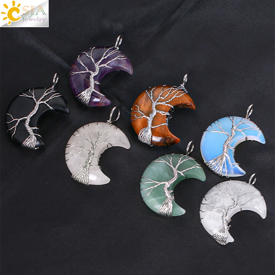 CSJA ожерелье с подвеской из натурального кристалла в форме Луны Дерево жизни