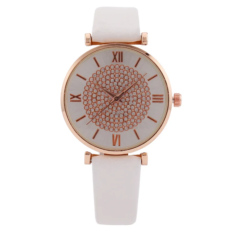 

Fashion Round Quartz Rhinestone Roma Dial Casual Wrist Watches Leather Strap Fashionable Clock Waterproof Wristwatch for Women