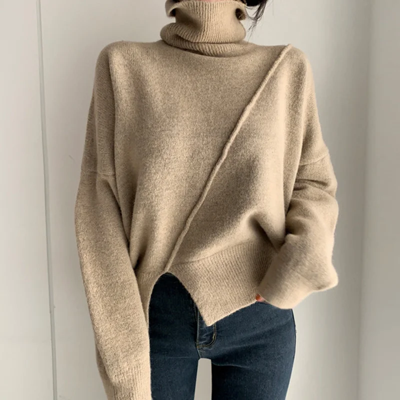 

2023 autumn Winter casual oversize thick Sweater pullovers Women Split fork loose Turtleneck women's sweaters jumper