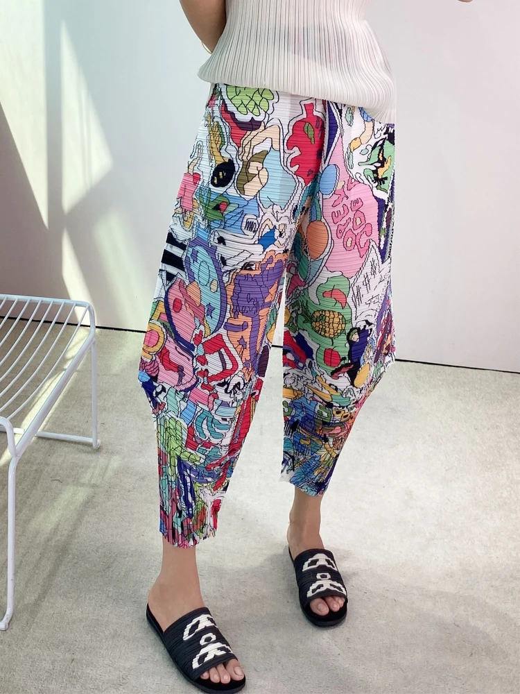 YUDX 2023 Pants Women Miyake Pleated Fold Fashion Printed High Street LOOSE Large Size Elastic Waist  Ankle-Length Pants Tide