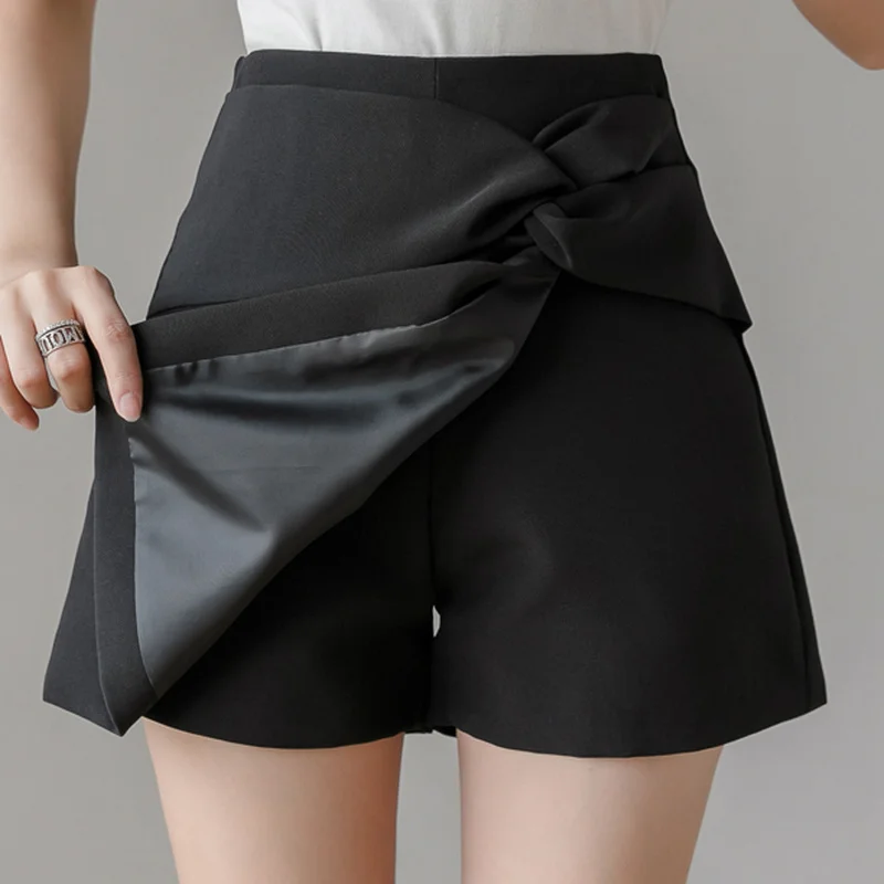 Women Fashion Wide Leg Casual Shorts New Irregular Elegant Skirt Shorts Female Spring Summer Streetwear Bow Twist High Waist OL