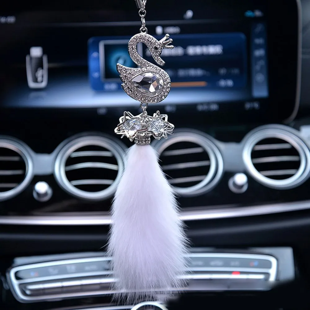 Car Ornament Rhinestone Swan Plush Ball Pendant Auto Interior Accessories Artificial Crystal Rear View Mirror Hanging Decorative