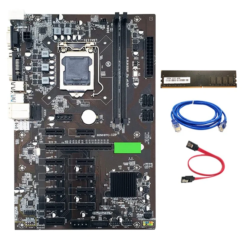 

Материнская плата B250 BTC для майнинга LGA115 с DDR4 4 Гб 22133 МГц ОЗУ + сетевой кабель RJ45 + кабель SATA 12 слотов XPCIE для майнинга