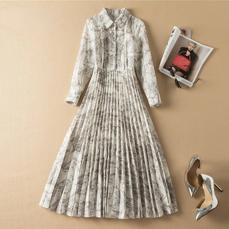 

Elegant Women's Long Sleeve Shirt Collar Vintage Print Midi Pleated Dress Holiday Robes 2022 New Fashion Runway Spring Vestidos