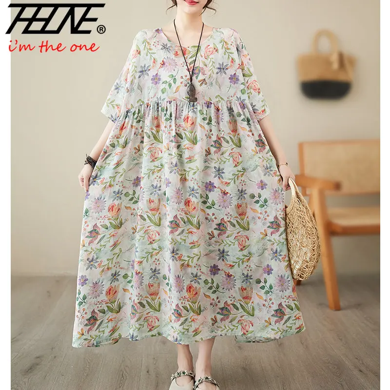 

Женское свободное платье с цветочным принтом, длинное хлопковое Повседневное платье большого размера в корейском пляжном стиле, лето 2023
