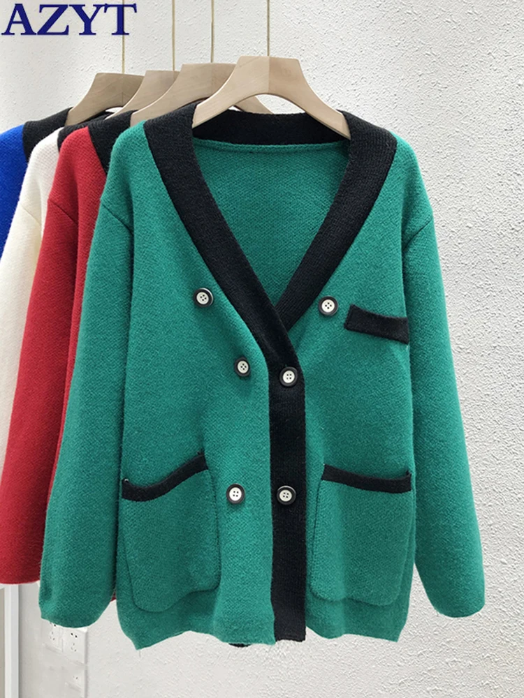 

AZYT Spring Autumn V Neck Women Sweater Cardigan Double Breasted Knitwear Pull Femme 2022 Patchwork Casual Knit Female Cardigan
