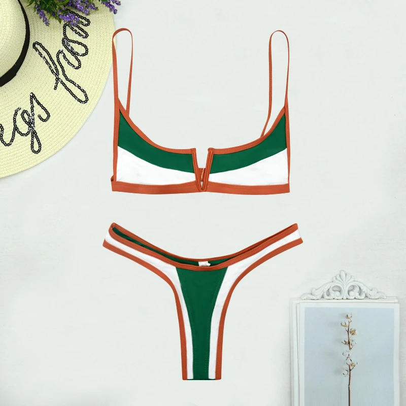 Vintage Bikini Patchwork Swimsuit Thong Open Croch Brazilian Sexy Retro Swimwear Female 2022 New Summer Two Piece Bathing Suits