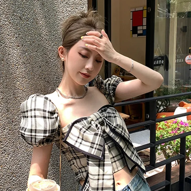 

Женские рубашки в клетку с большим бантом, шикарные сексуальные короткие женские блузки с квадратным вырезом, милые корейские эластичные укороченные топы для молодых девушек