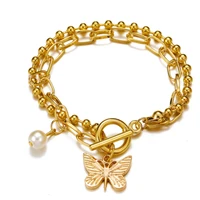 simple creative alloy pearl butterfly pendant bracelet for women retro jewelry gift