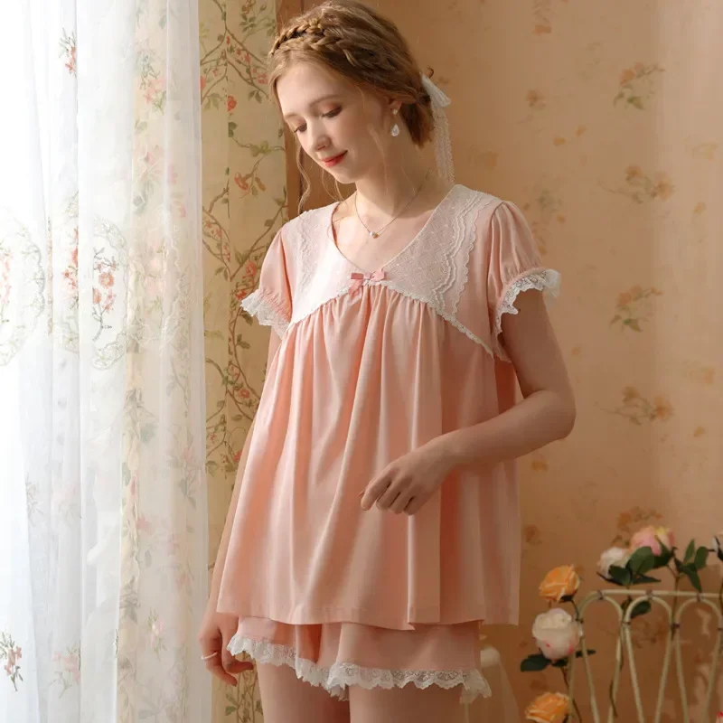 

Shorts Princess Summer Nightwear Sleepwear Sweet Cotton Loungewear Setssiz Pajamas Women Neck Two Piece Tops V Lace Sexy