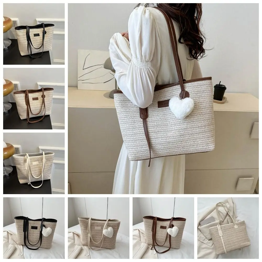 

Pu Leather Straw Woven Tote Bag Simple Large Capacity Square Shoulder Bag Crossbody Bag Beach