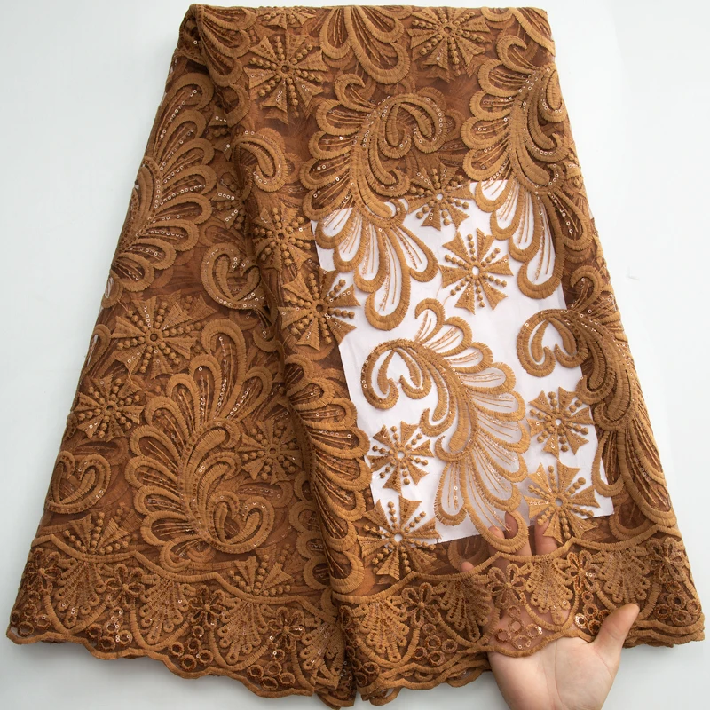 

2023 High Quality African Nigerian Tulle Lace Fabric With Sequins Embroidery 5Yards Milk Silk Lace For Sewing Dresses Y3369