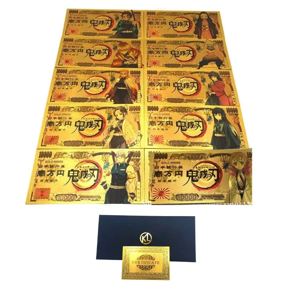 

10 -5types select Japan Anime Demon Slayer Kamado Tanjirou 10000 Yen Gold Plastic Cards for Gift and collection