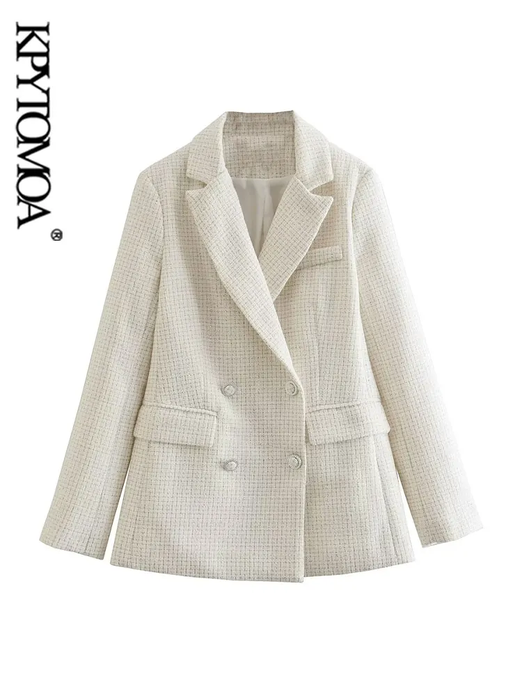 

KPYTOMOA Women Fashion Tweed Double Breasted Blazer Coat Vintage Long Sleeve Flap Pockets Female Outerwear Chic Vestes Femmes