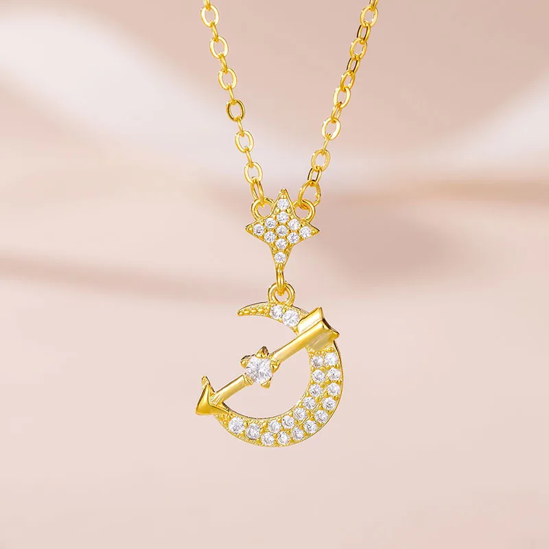 

Shininy Zircon Cupid Arrow Moon Star Pendant Necklace For Girlfriend Gift Women Trendy Silver 925 Chain Clavicle Accessories