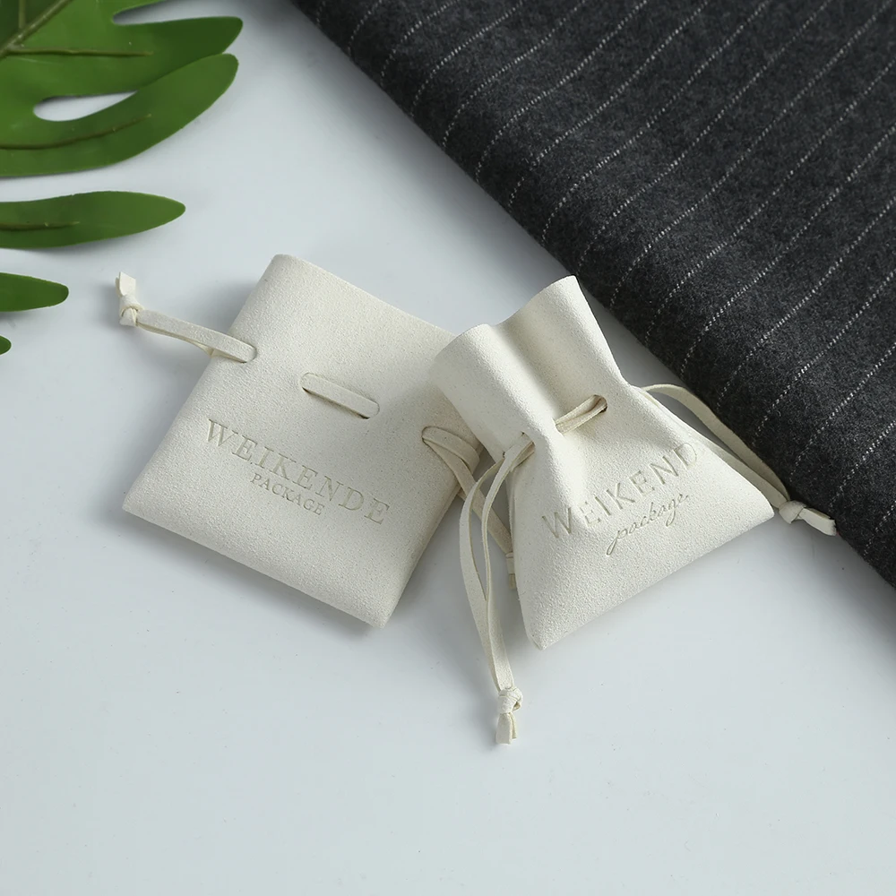 Personalized Logo Beige Microfiber Jewelry Organizer Bag Drawstring Necklace Earrings Rings Storage Pouch Chic Wedding Favor Bag