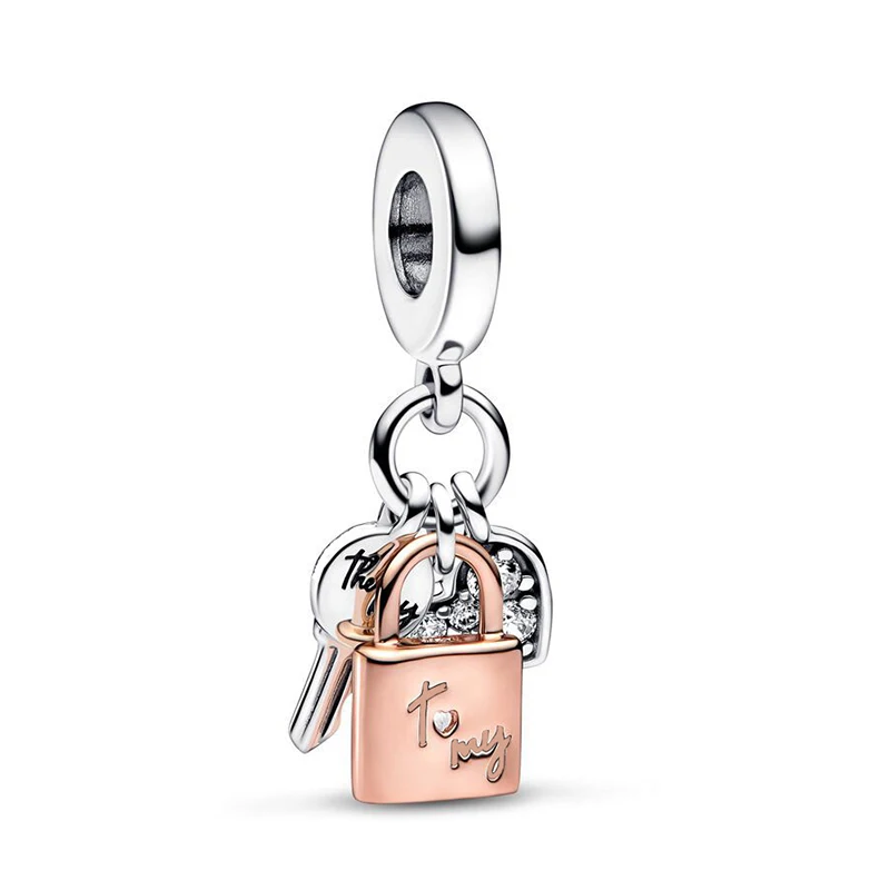 

Fit Pandora Rose Gold Pendant Two tone Key Padlock & Heart Triple Dangle Charm for Jewelry Making Women Bracelet Accessories DIY