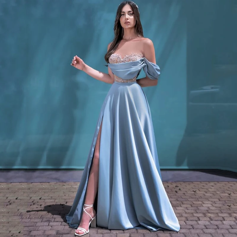 

HAOWEN Sky Blue A-LINE Evening Dresses Sweetheart Off The Shoulder Floor-Length Court Train Prom Party Gowns Robe De Soiree