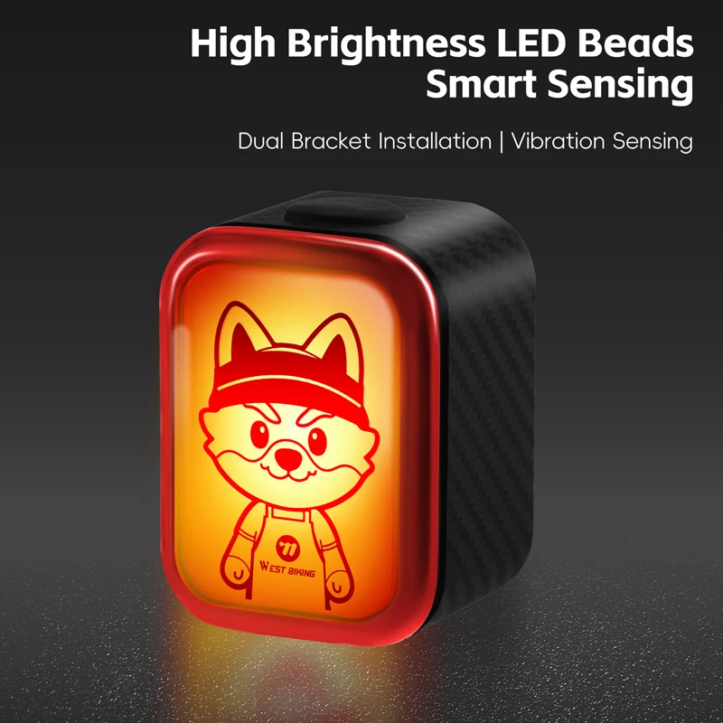 Фото Задний фонарь для велосипеда WEST BIKING Cartoon IP Smart Bike Taillight с функцией автоматического включения/выключения при вибрации, водонепроницаемый IP66, светодиодный, с разъемом Type-C. №3