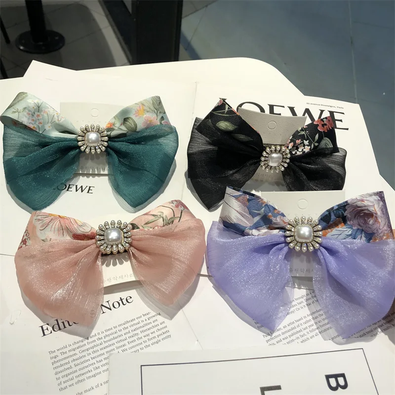 

Hairpin handmade flower print headdress mesh Pearl hairpin girl for students