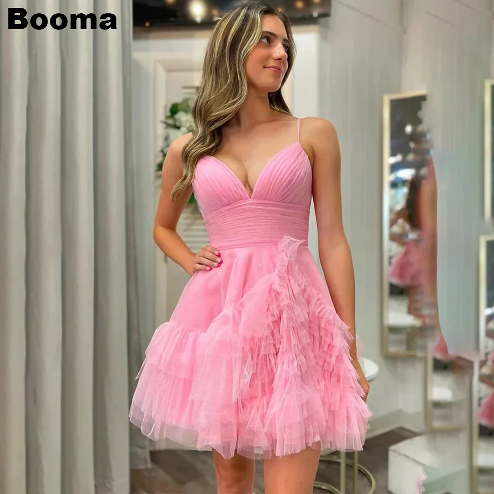 Фото Booma Pink A Line Мини-платья для выпускного вечера с V-образным вырезом и оборками Многоуровневые тюль Коктейльные платья День рождения Платья для женщин 2023 Club Wear №1
