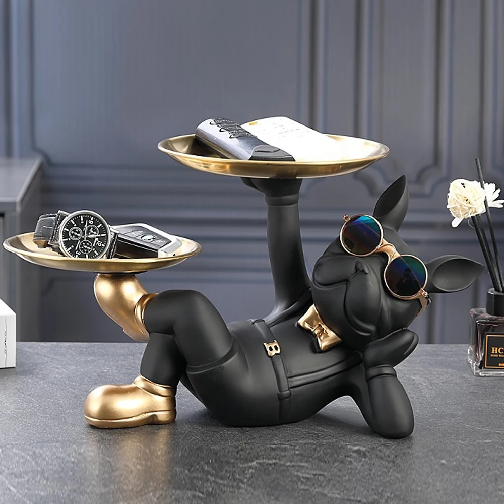 

Креативная декоративная статуя собаки с подносом для хранения стола для живой комнаты украшения французского бульдога с очками декоративн...