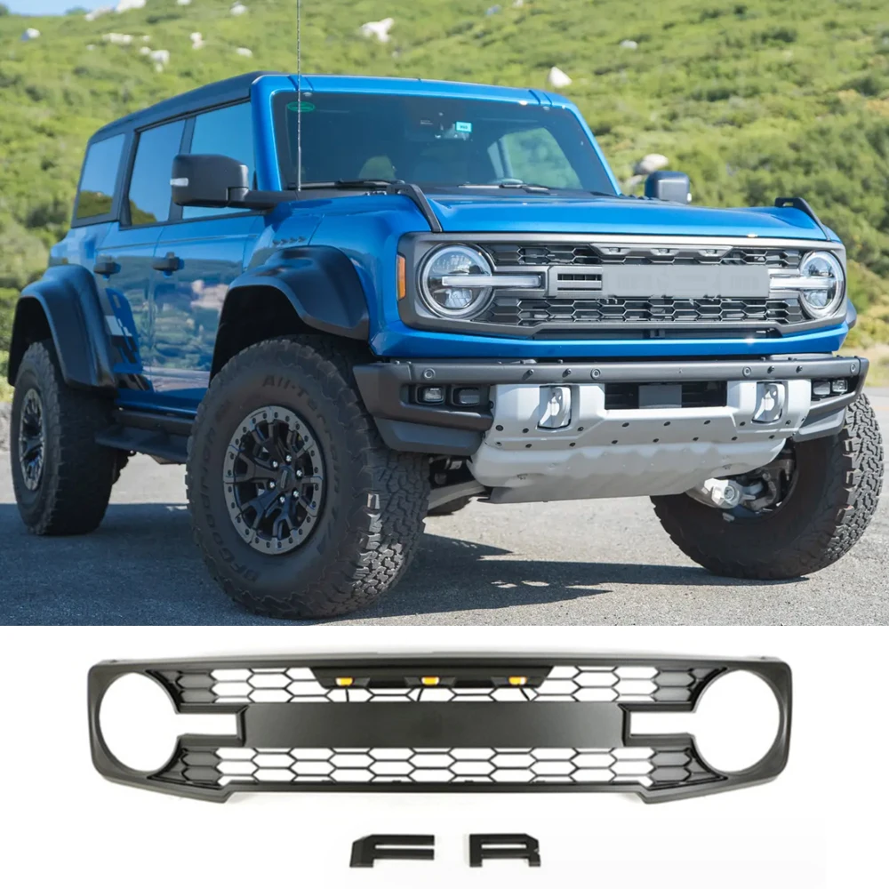 Фото Передняя решетка для Ford Bronco Raptor Style 2022-2024, решетка бампера со светодиодными фонарями, детали для модификации внедорожников на открытом воздухе №2