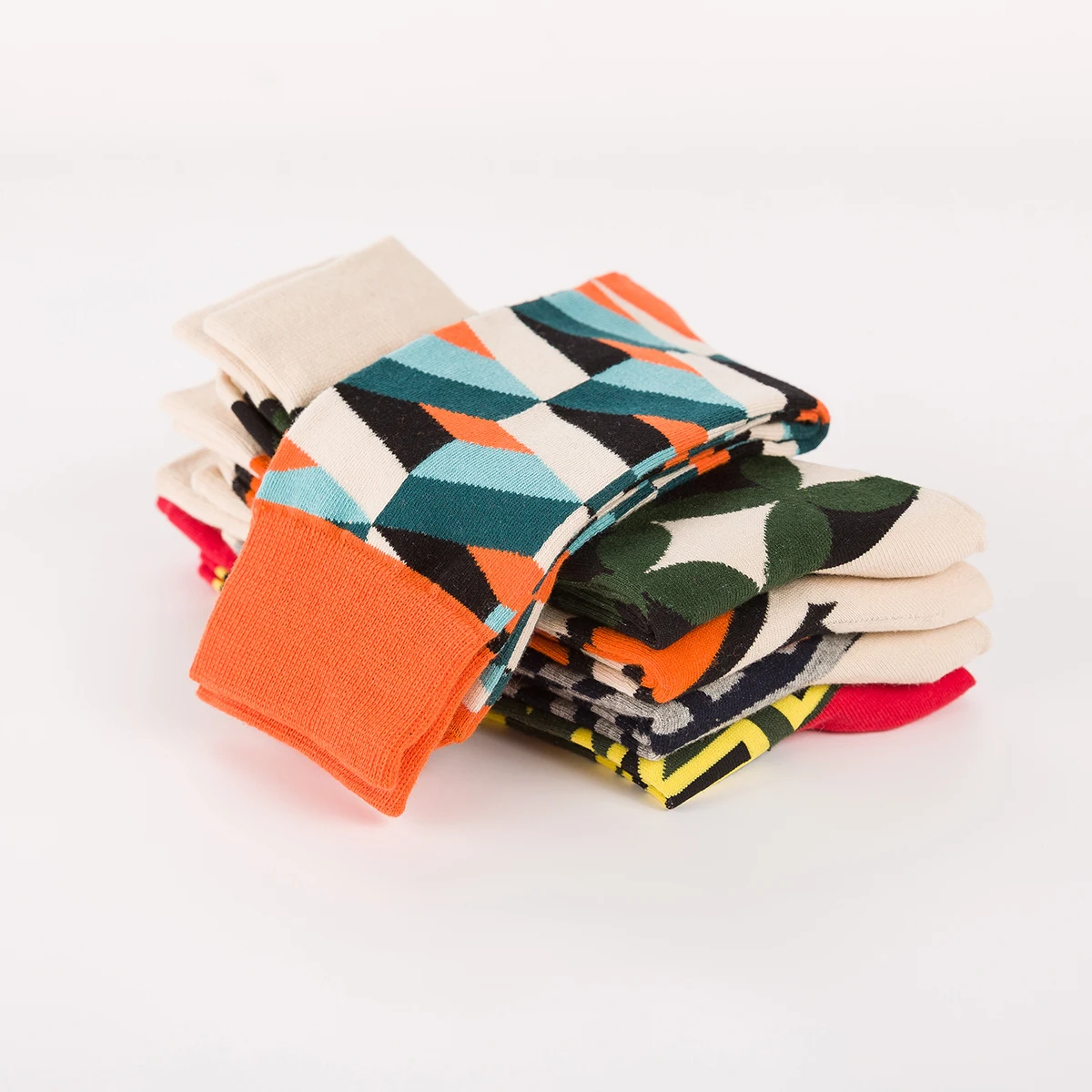 5 Pairs New Trend Fashion Harajuku Women and Men Cotton Socks Street Skateboard Grid Tangram Happy Colorful Casual Funny Socks