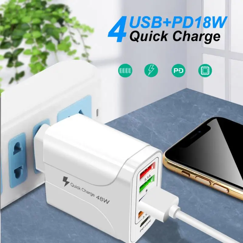 

48W Five-in-one Charger 4USB+PD Mobile Phone Charger Type-c 18W Tablet Charging Head Support Galaxy S20 S10 S9 S9 Plus S8 S8