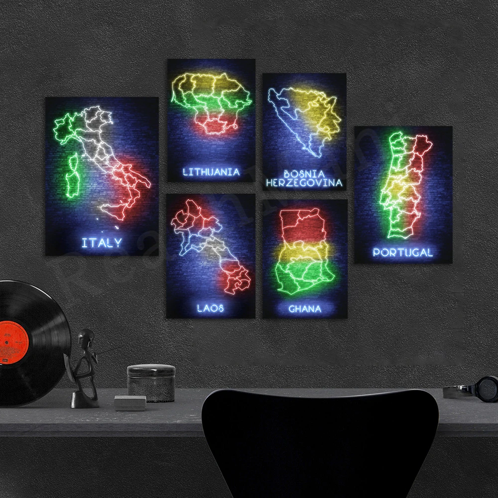 

Thimphu Bhutan, Accra, Ghana, Poland, Moldova. Chisinau, Latvia, Lithuania, Portugal, Rome, Bosnia Herzegovina neon map poster