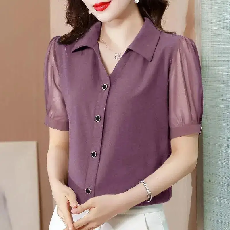 Casual Blouses Thin Summer Loose Solid Color Women's Clothing Button V-neck Gauze Intellectual Simplicity Short Sleeve Korean