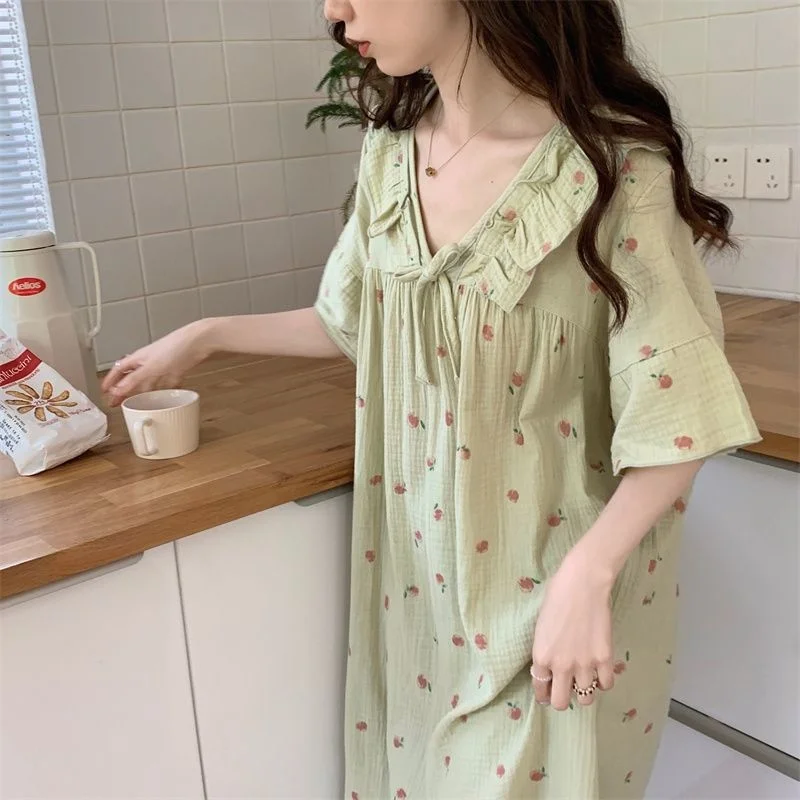 Summer Womens Nightdress V-Neck Sleepshirt Sweet Cute Pajamas Nightwear Sleepwear Spring Home Dressing Gown Nightgowns Plus Size