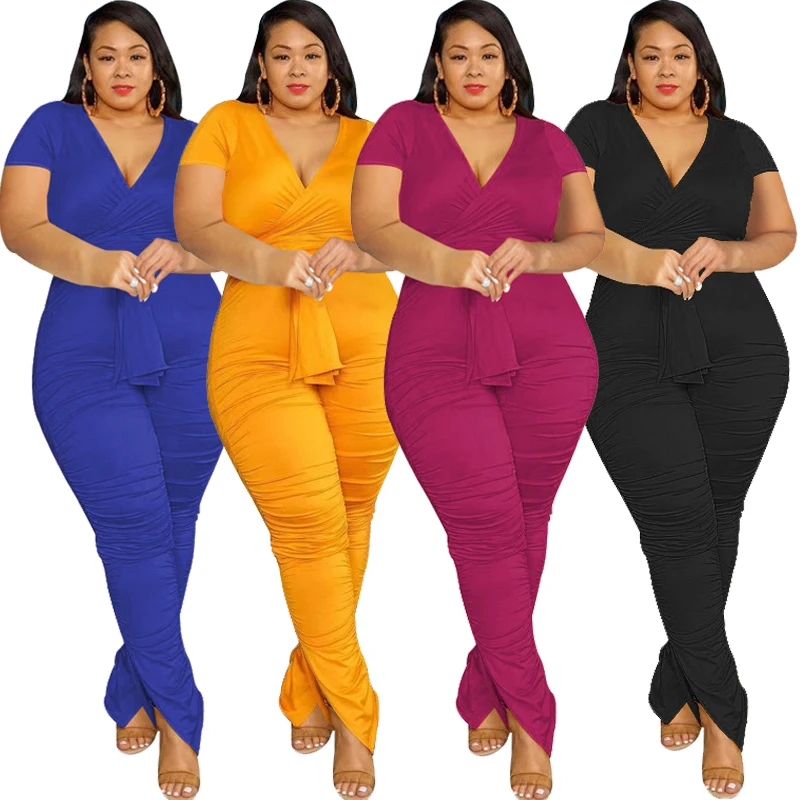 

5XL Sexy Women 2 Piece Set Summer Short Sleeve Tie Up Crop Tops Skiny Long Pants Leggings Pleated Matching Sets Outfits Suit 2pc
