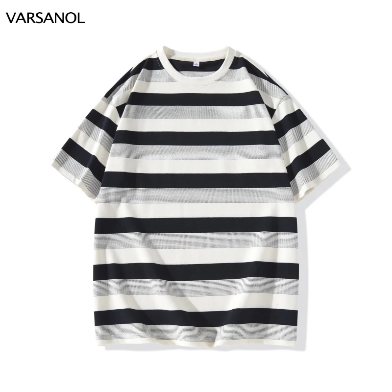 

VARSANOL Summer Men's T-shirt Striped Short Sleeve Tees Clothing 2023 Streetwear Fashion Oversized Tshirt Man Cotton Tops New