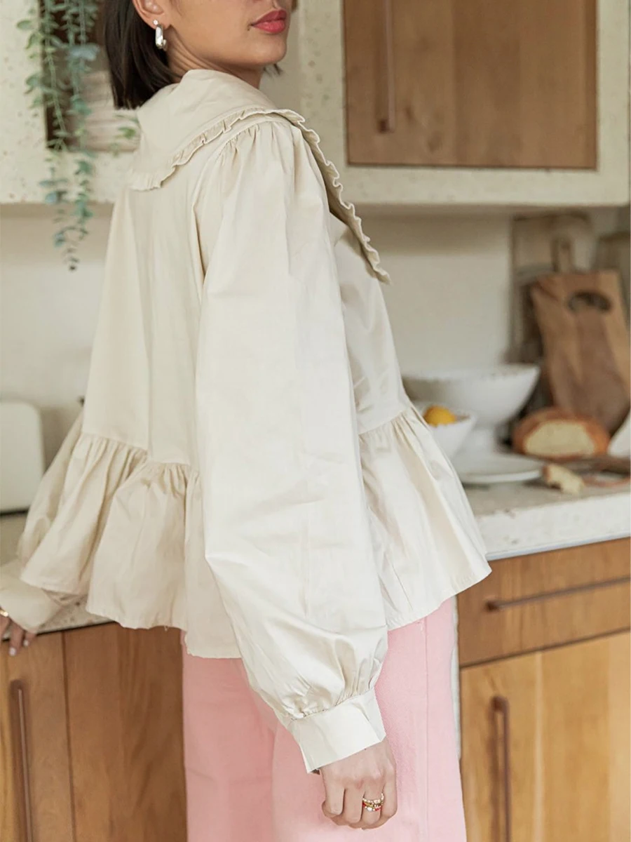 HzDazrl Y2k женская рубашка с баской длинным рукавом Однотонная кукольный воротник