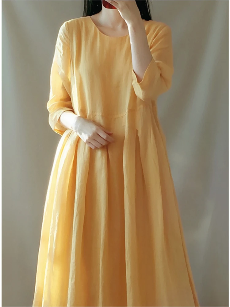 

Женское платье в литературном ретро-стиле, однотонное платье-пуловер с круглым вырезом и длинным рукавом, весна-лето 2023