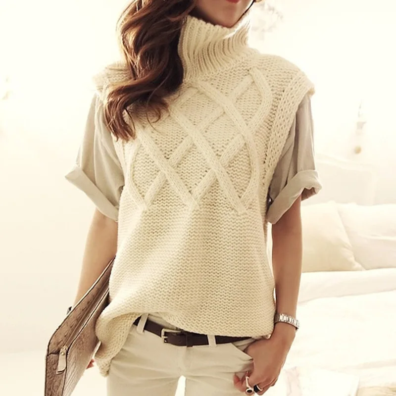 

2021 New Spring Ladies Top Woman Sleeveless Sweater Women's Turtleneck Thick Warm Long Knit Sweaters Pullovers Vest Black White