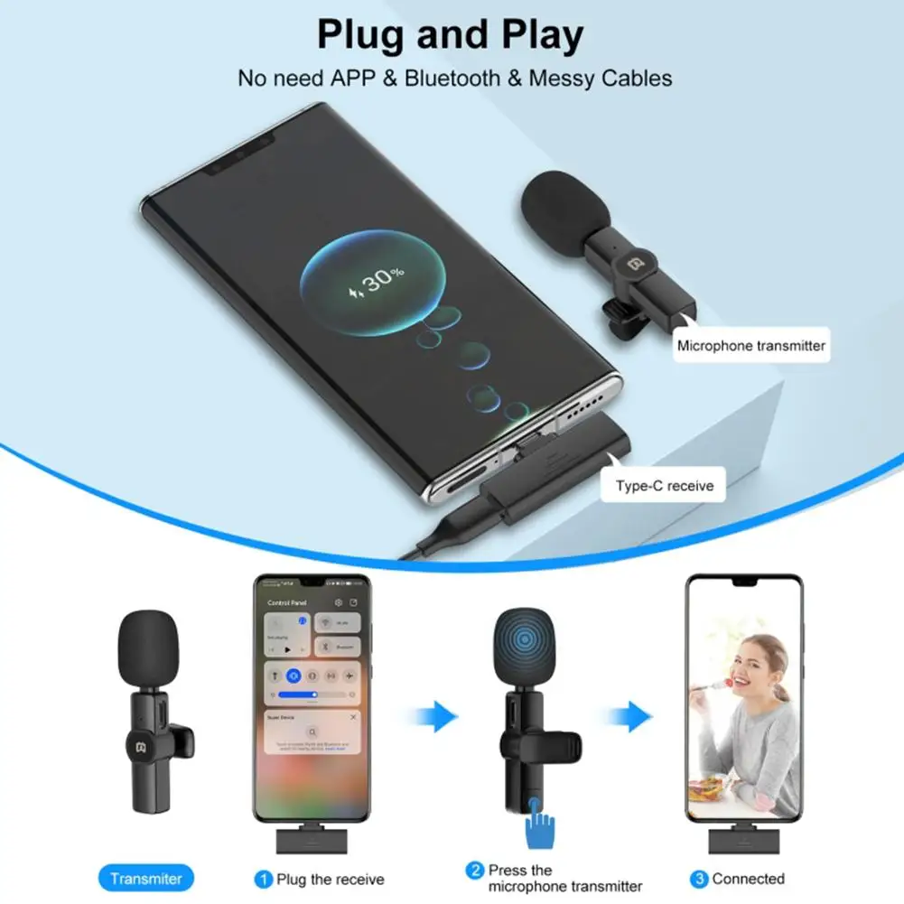 

Беспроводной петличный микрофон Pu3080b с интерфейсом Type-c, Запись интервью, радио, микрофон с шумоподавлением