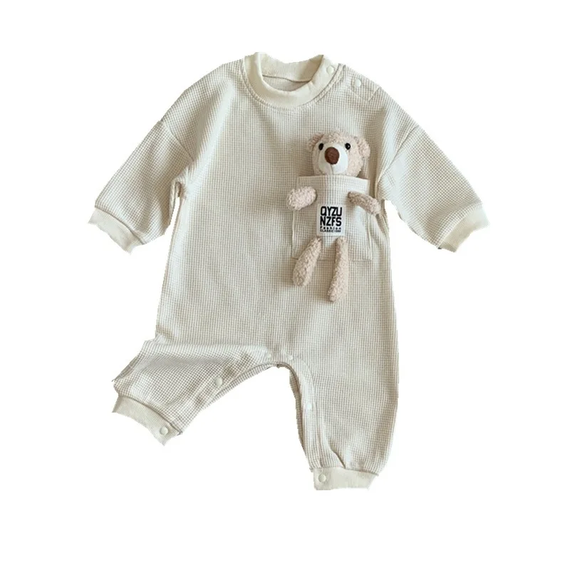 2022 New Autumn Baby Casual Romper Long Sleeve Toddler Boy Bear Jumpsuit Cute Infant Girl Cotton Waffle Clothes 0-24M