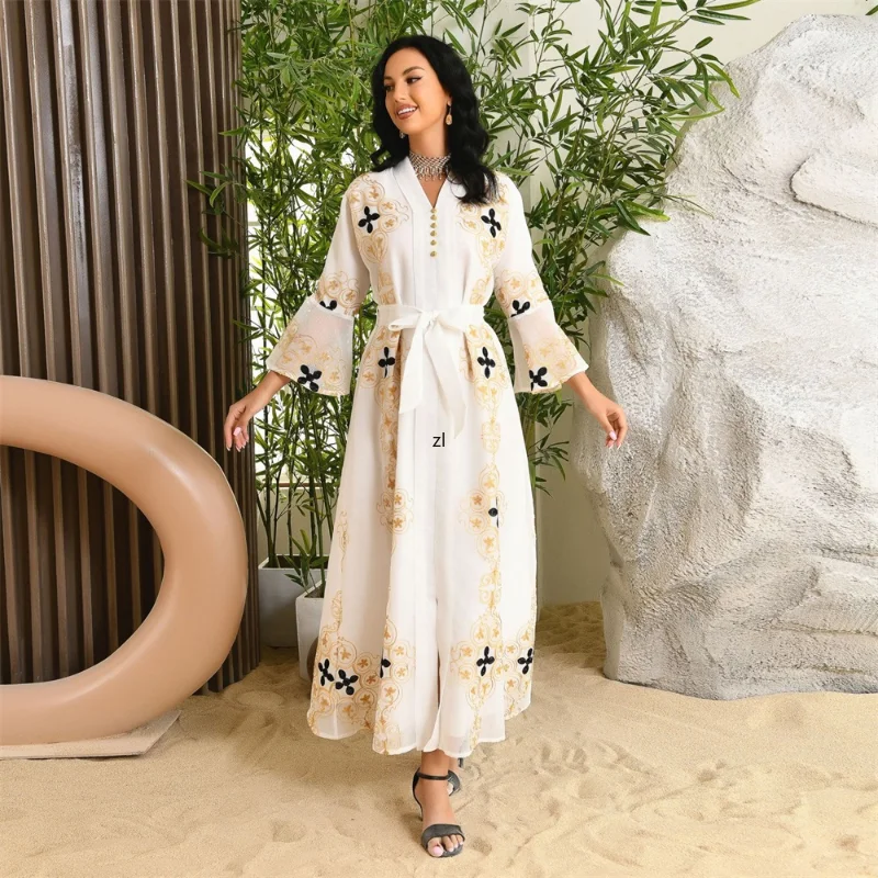 Turkey Dresses For Women Luxury Embroidered Long Dress Flared Sleeves Belted Kaftan Muslim Party Robe Abaya Ramadan