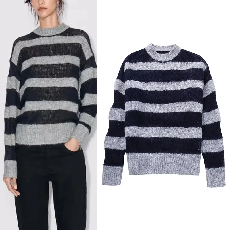 

Женский свитер в полоску, с круглым вырезом и длинным рукавом
