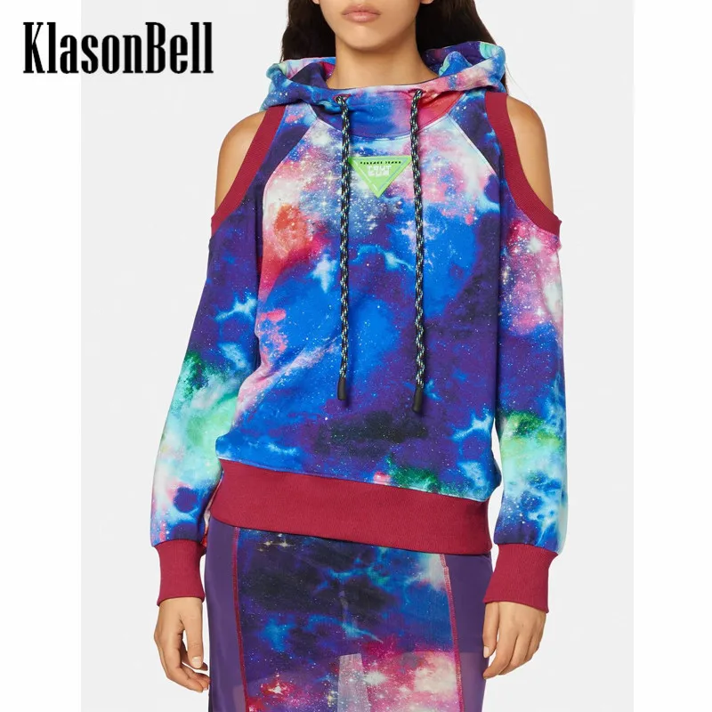 

10.20 KlasonBell Cotton Hooded Fashion Art Tie-Dye Print Hollow Out Off Shoulder Loose Sweatshirt Women
